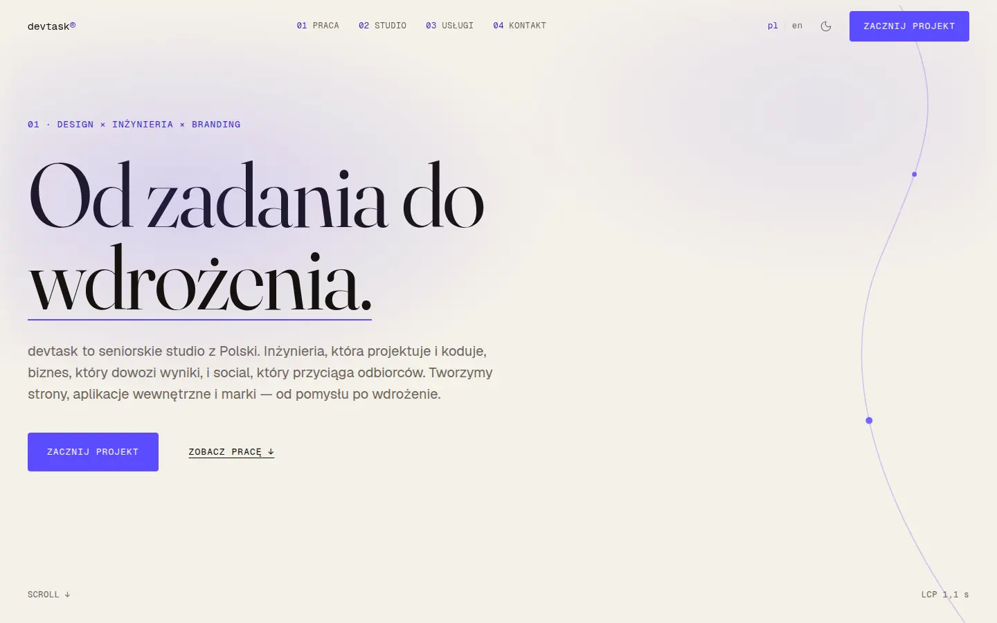 Strona devtask.pl — studio z Poznania, które projektuje i dowozi strony internetowe, aplikacje i marki