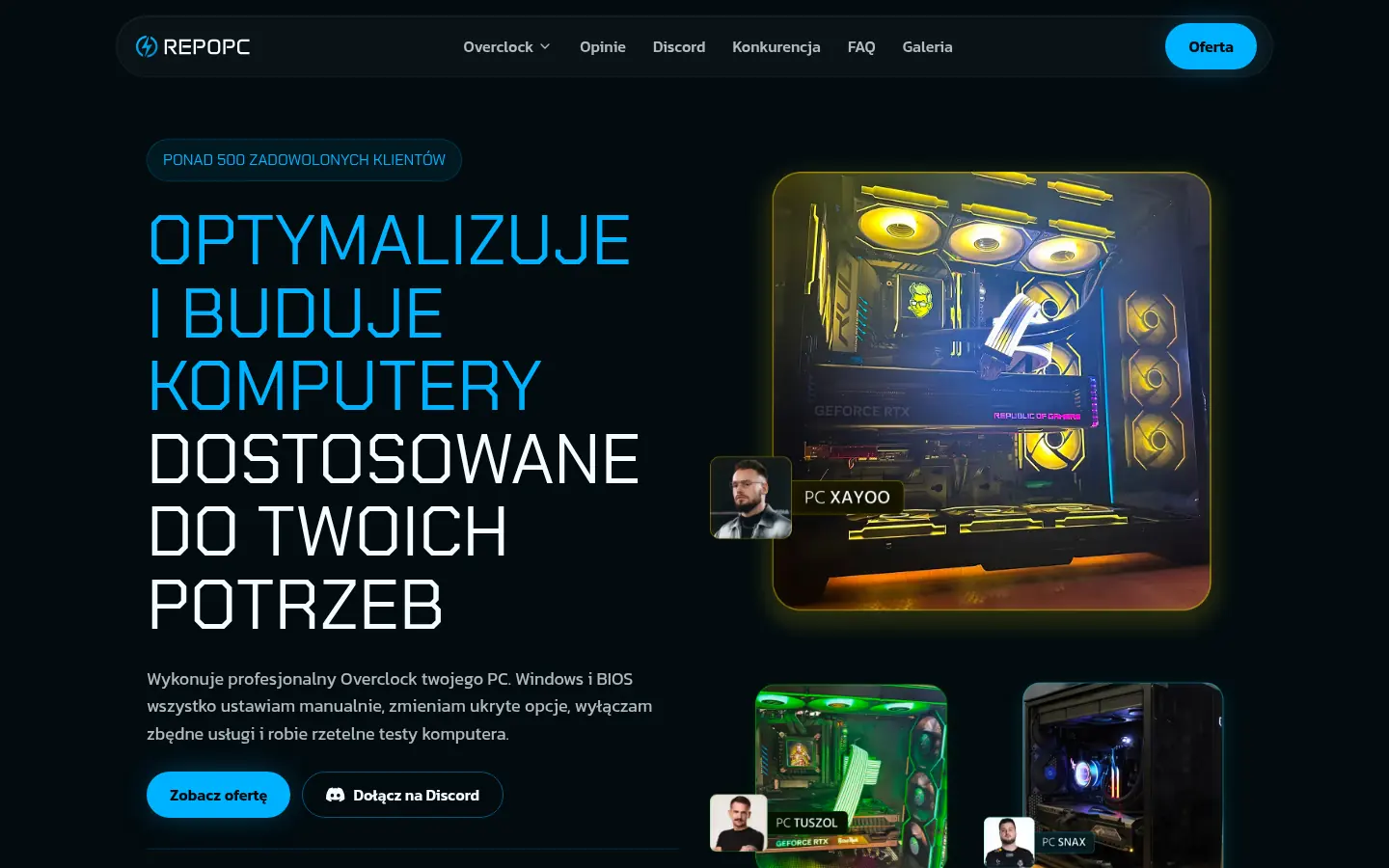 Strona REPOPC po przebudowie z Webflow na Next.js — składanie i overclocking komputerów